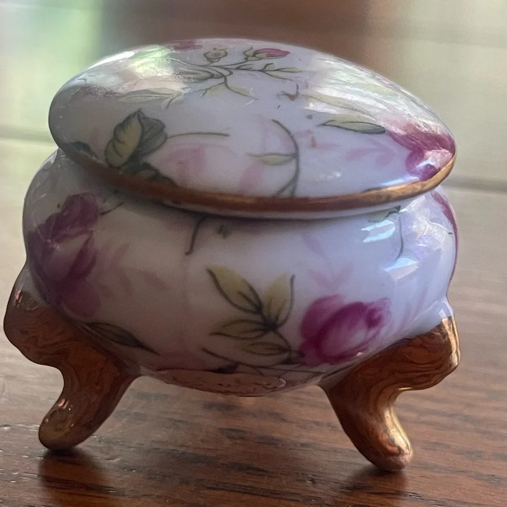 Vintage Lefton Rose Chintz Footed Trinket Box 1239 Jewelry Trinket Box